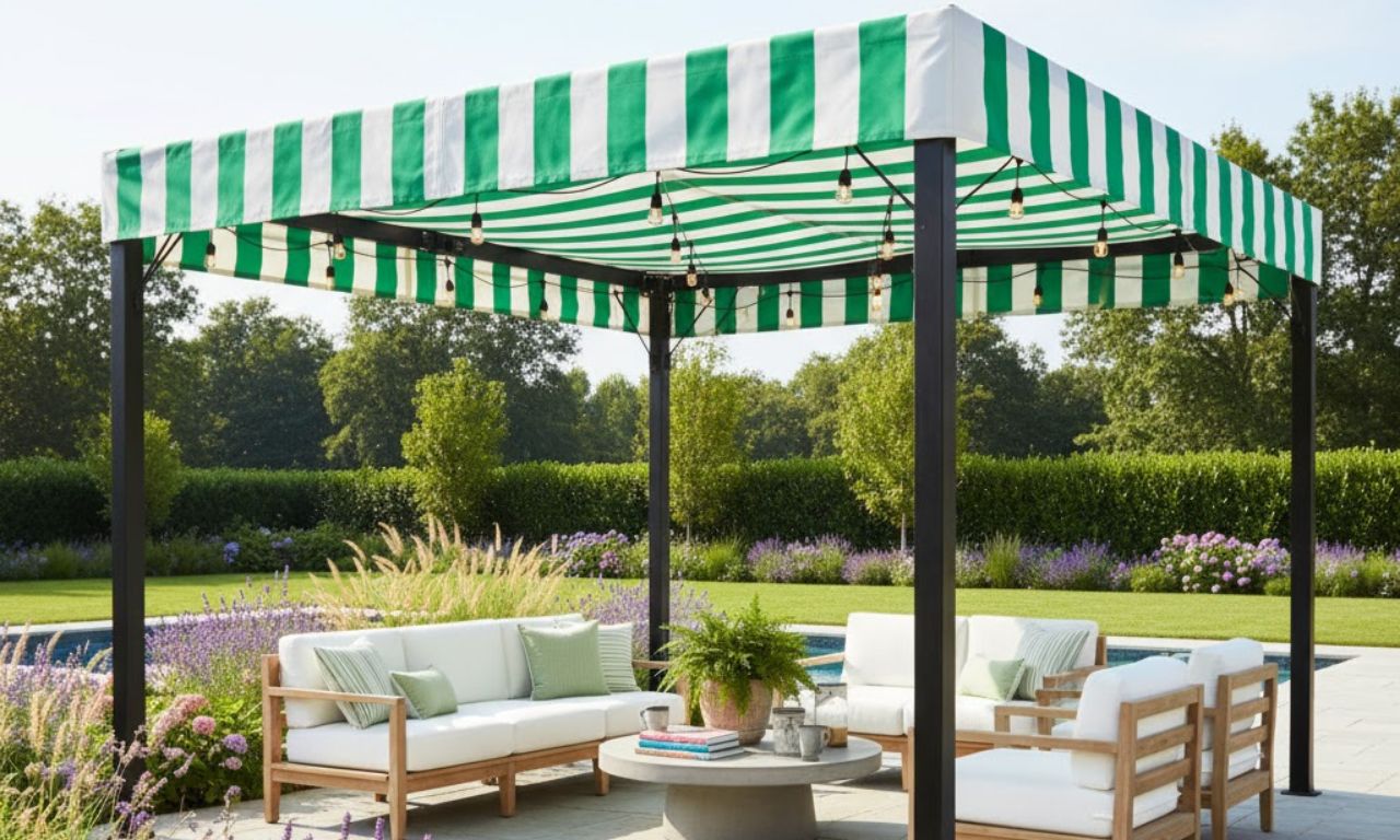 Un pergola dans un jardin avec une toile de pergola rayée en vert et blanc