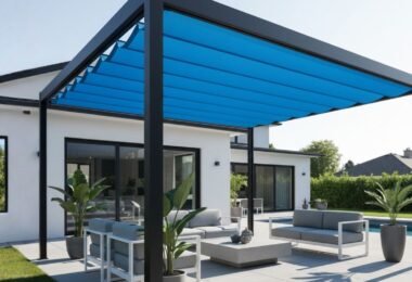 Pergola en métal foncé avec une toile de pergola bleue
