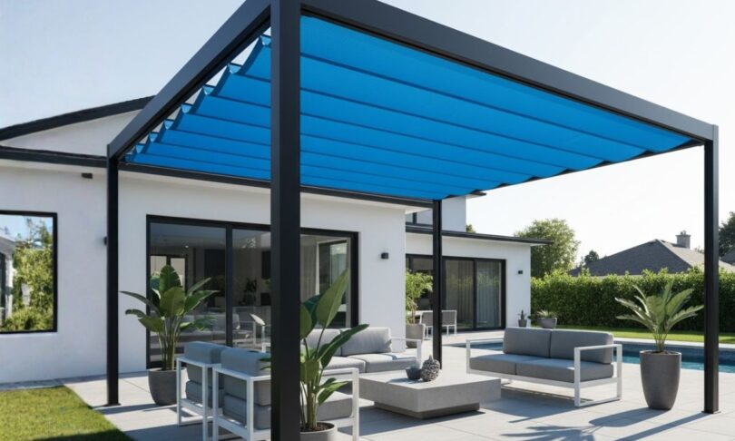 Pergola en métal foncé avec une toile de pergola bleue