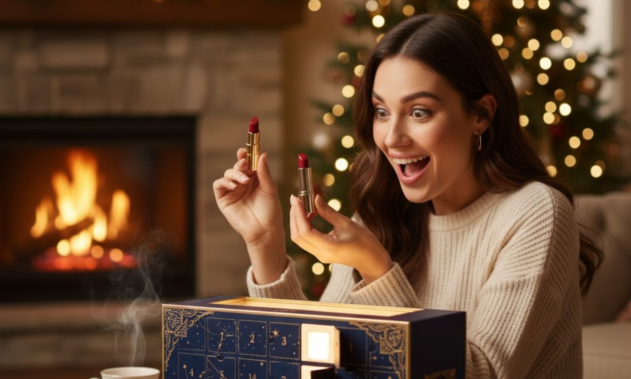 Une femme heureuse qui ouvre son calendrier de l'avent et découvre une rouge à lèvres