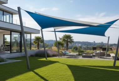 Voile d'ombrage attaché à une maison dans un jardin
