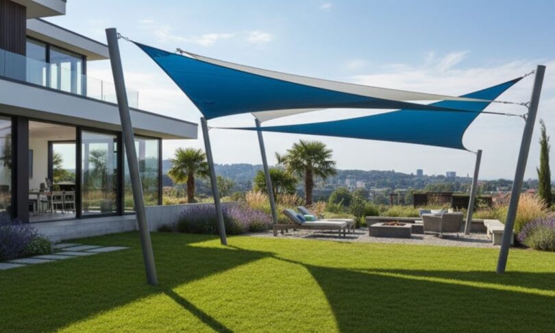 Voile d'ombrage attaché à une maison dans un jardin