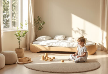 découvrez comment aménager une chambre d'enfant sécurisée et design avec un lit au sol type montessori, favorisant l'autonomie et le bien-être de votre enfant.