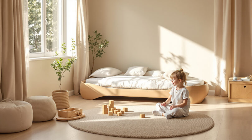 découvrez comment aménager une chambre d'enfant sécurisée et design avec un lit au sol type montessori, favorisant l'autonomie et le bien-être de votre enfant.