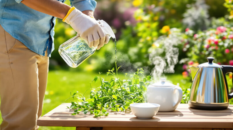 découvrez l'efficacité et la sécurité du désherbant naturel puissant à base de vinaigre, sel et eau chaude. apprenez comment l'utiliser correctement pour un jardin sain sans risques.