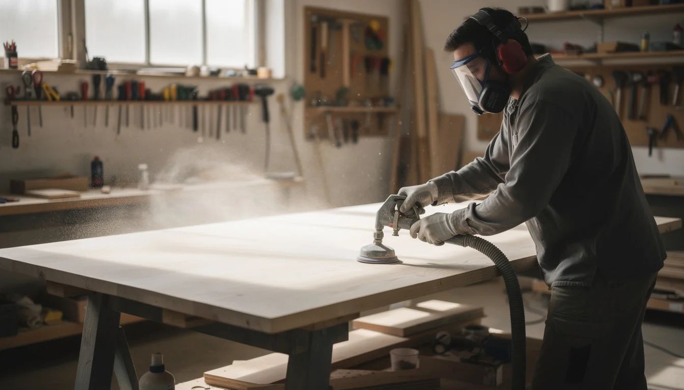Opérateur utilisant une aérogommeuse sur une surface en bois dans un atelier