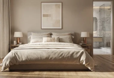 Suite parentale lumineuse avec lit en lin, parquet bois et salle de bain attenante
