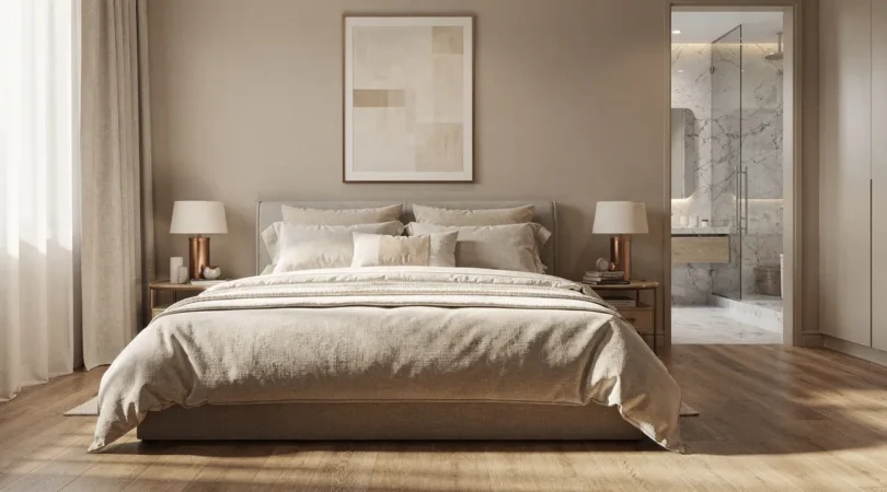 Suite parentale lumineuse avec lit en lin, parquet bois et salle de bain attenante