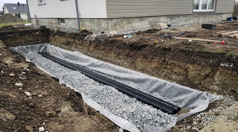 Drain périphérique autour d’une maison avec tuyau perforé et géotextile