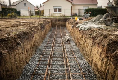 Fondation maison 40 cm avec tranchée, ferraillage et béton prêt à couler sur un chantier résidentiel