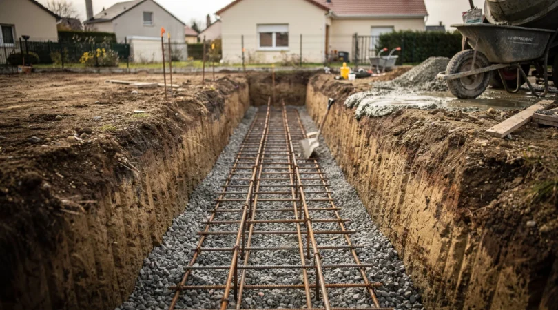 Fondation maison 40 cm avec tranchée, ferraillage et béton prêt à couler sur un chantier résidentiel