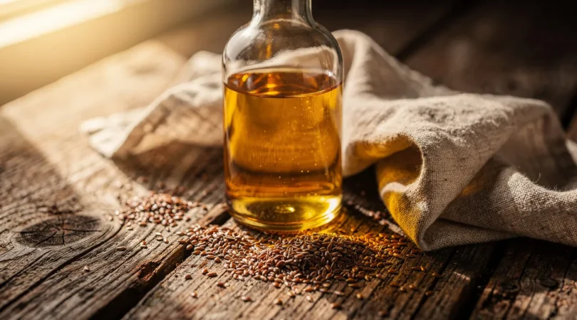 Bouteille d'huile de lin dorée sur une table en bois rustique, graines de lin éparpillées