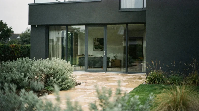 Façade moderne en gris anthracite RAL 7016 avec menuiseries sombres et jardin paysager