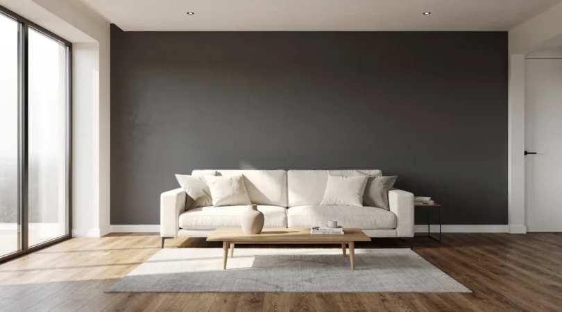 Mur peint en gris anthracite RAL 7016 dans un salon moderne, lumière naturelle