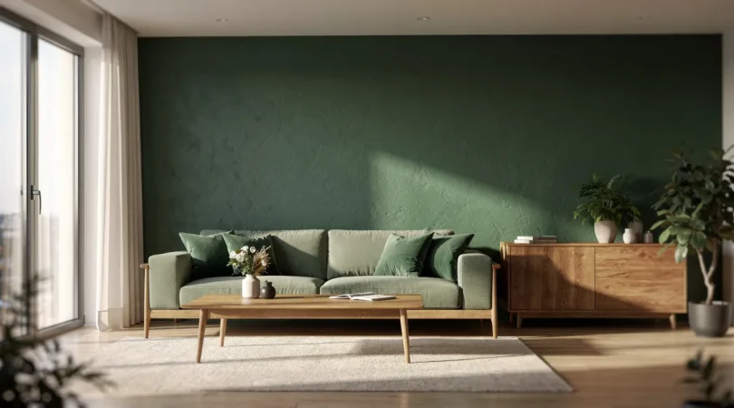 Mur d accent vert sapin dans un salon lumineux, décoration intérieure chaleureuse