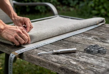 Remplacement de la toile d’une chaise de jardin sur un cadre métallique, avec tissu extérieur découpé et outils posés à côté