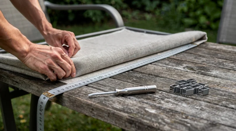 Remplacement de la toile d’une chaise de jardin sur un cadre métallique, avec tissu extérieur découpé et outils posés à côté