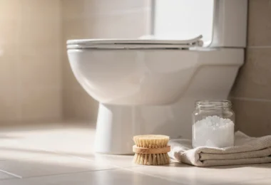 Nettoyage des WC avec des cristaux de soude dans une salle de bain claire