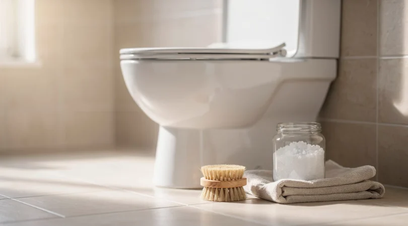 Nettoyage des WC avec des cristaux de soude dans une salle de bain claire